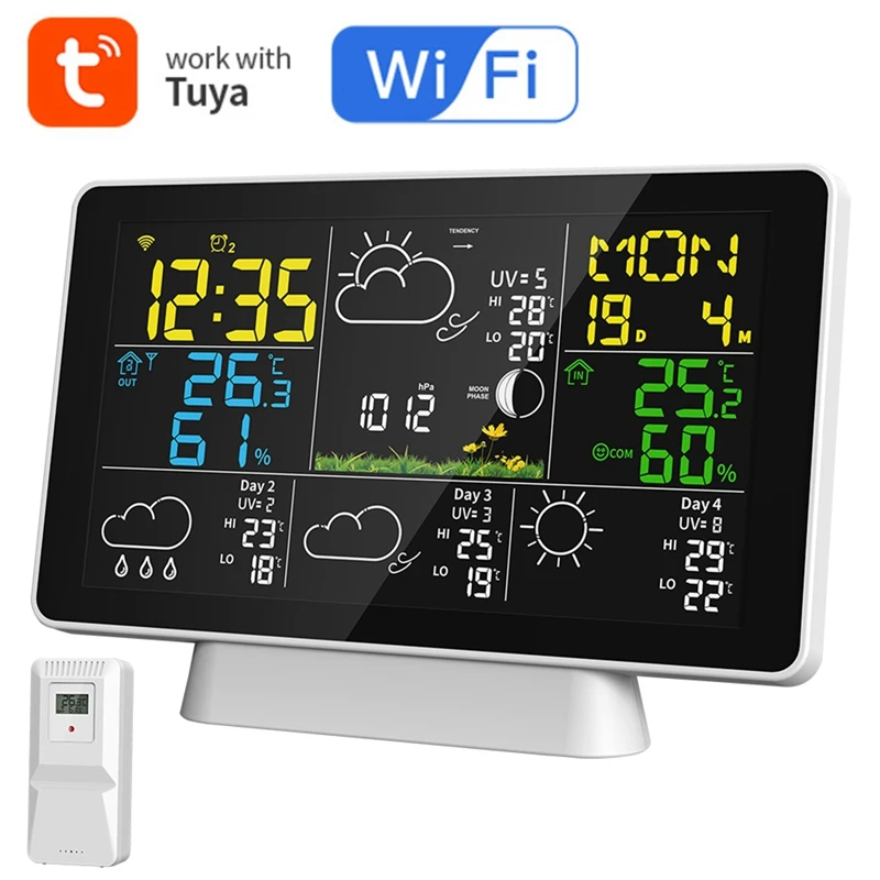 Tuya WIFI Weather Station 7.5Inch Display Thermometer Hygrometer Indoor Outdoor Rain/Wind Gauge Weather Forecast US Plug Durable