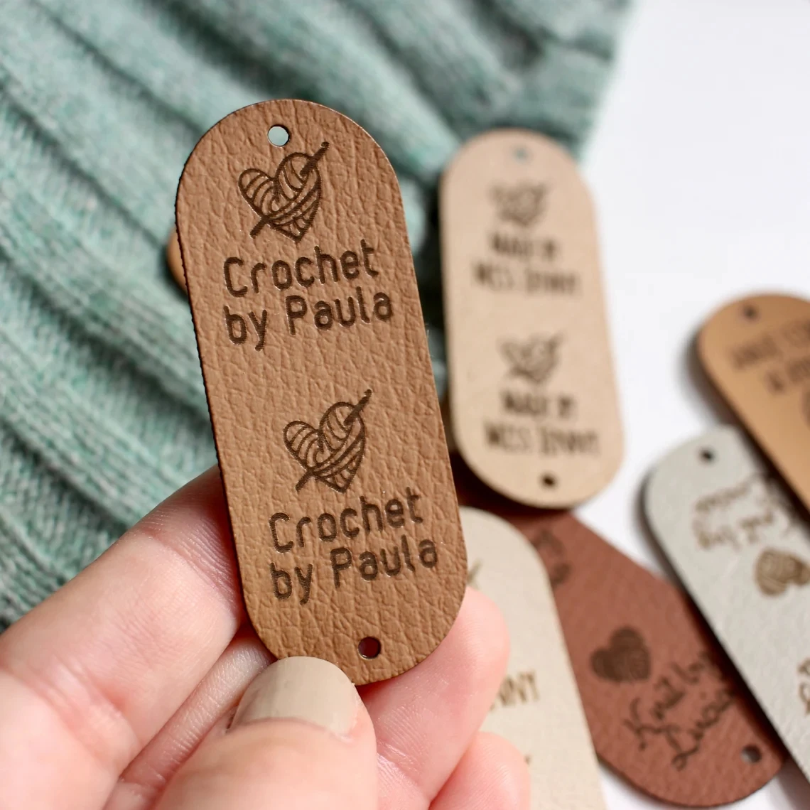 Tags for crochet - 2.5x1 inches with rivet snaps - personalized with custom logo or text for knits, crochet and handmade brands