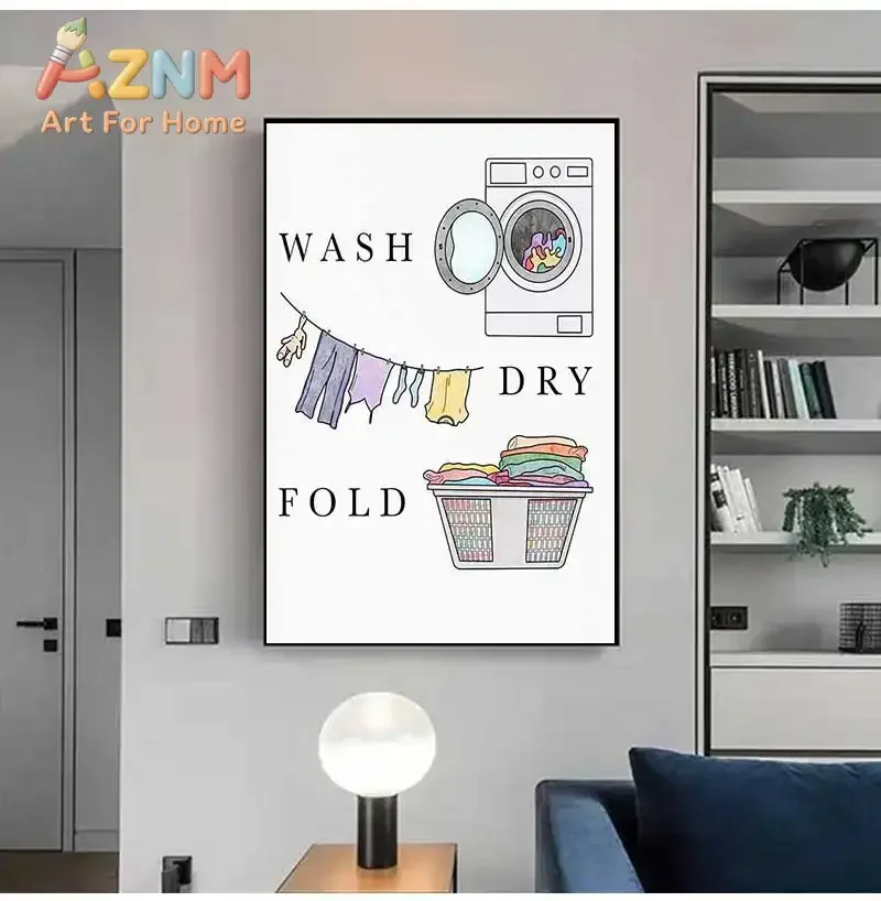 AZNM Wash Dry Fold Laundry Room Canvas Print Unframed Cartoon Washing Machine Clothes Line Poster Funny Utility Room Wall Decor