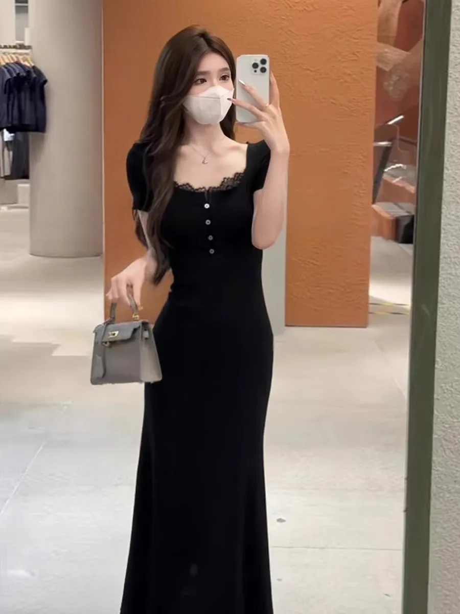 

Lace Patchwork Square Neck Short Sleeved Dress Elegant Temperament Slim Fit Hip Hugging Long Skirt Summer New Women's Clothing
