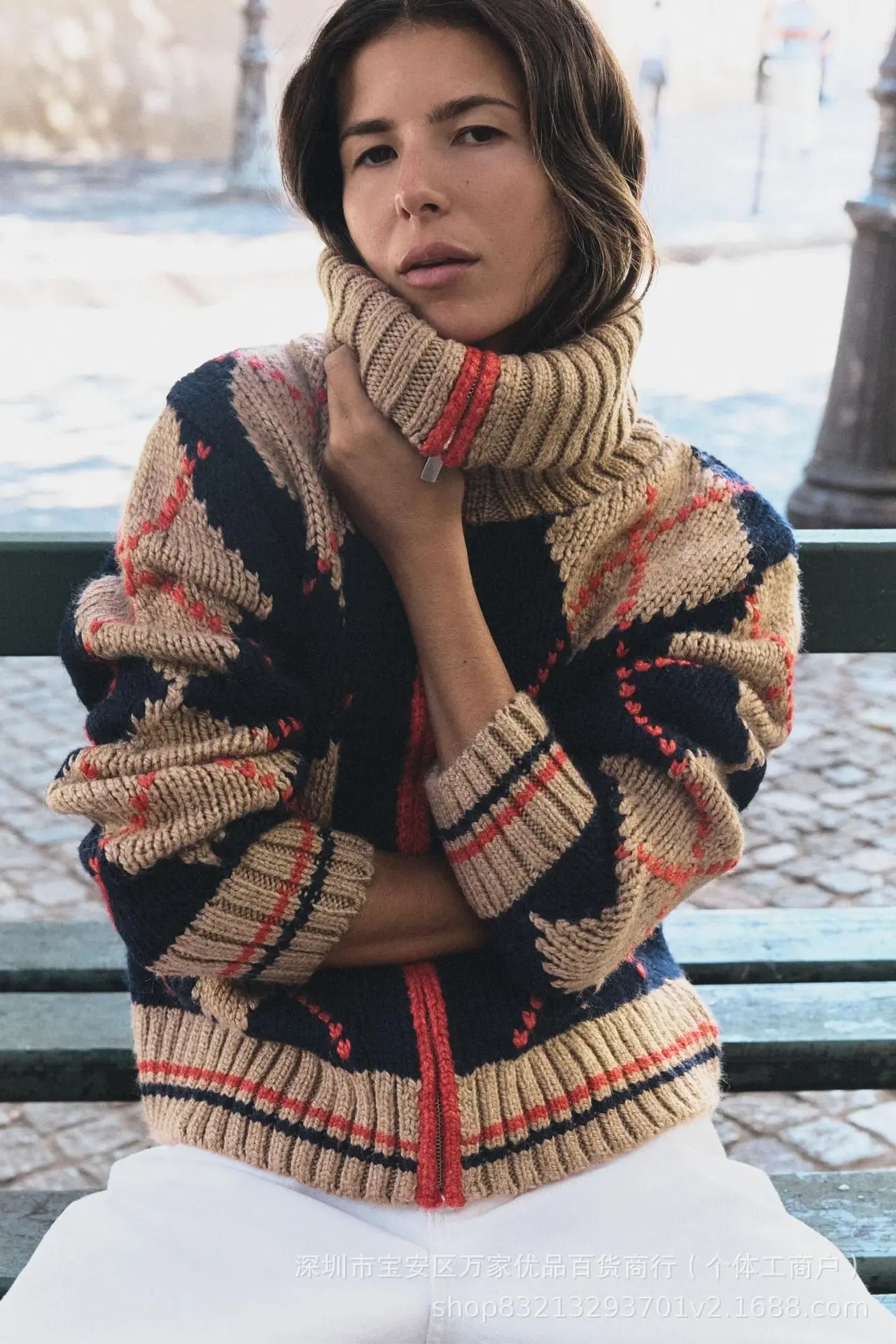 2026 Autumn Winter Rhombic Printed Women's Sweater Stand Collar Zipper Loose Lady Cardigan Fashion Female Street Outerwear