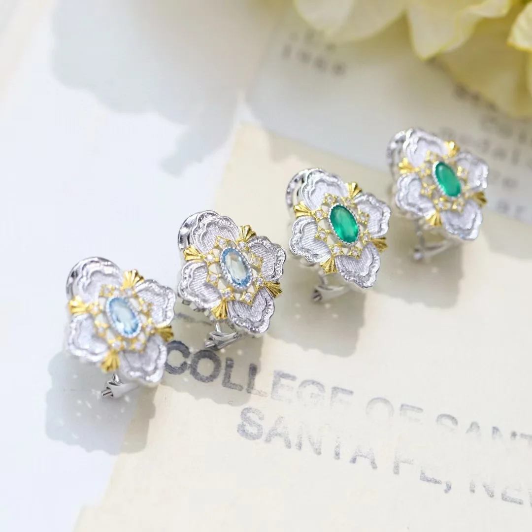 Brach Style 925 Silver Gold Natural Topaz & Green Agate Ornate Flower Earrings Vintage Inspired Jewelry Luxury Jewelry
