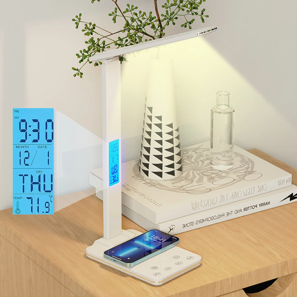 Wireless Charging USB LED Desk Lamp With Calendar Temperature Alarm Clock Eye Protect Study Reading   Business Light Table Lamp