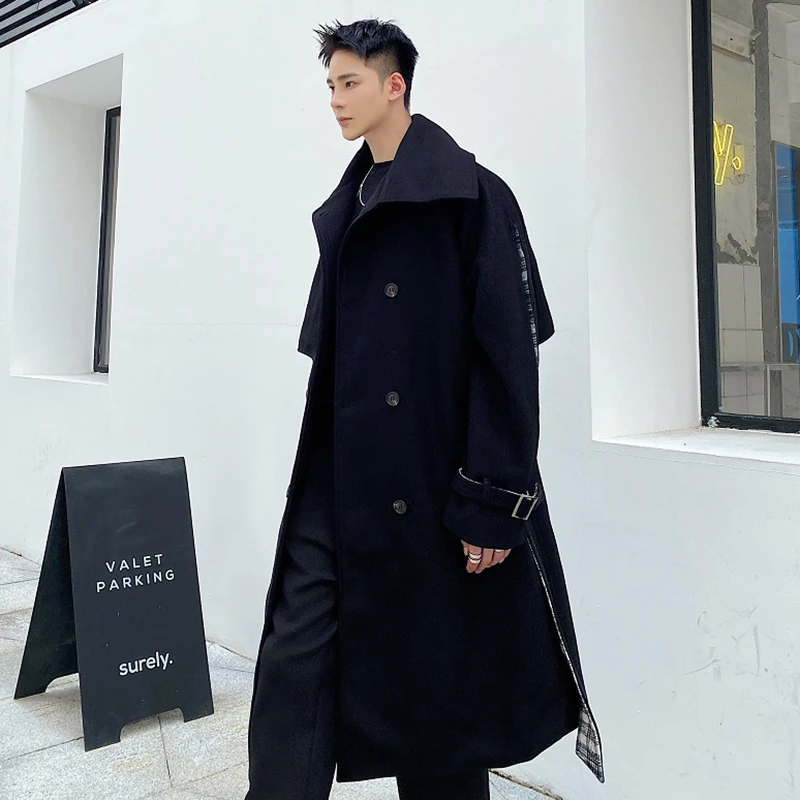 LUZHEN 2026 New Trendy Checked Belt Decorate Patchwork Fake Two Piece Design Woolen Trench Coat Men's Fashion Windbreaker JY9414