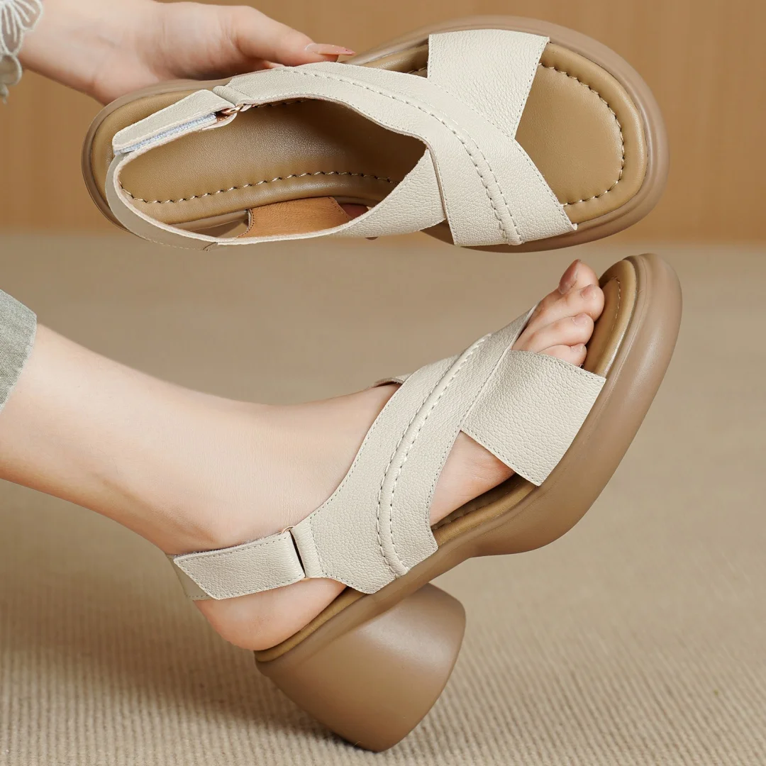 

danxuefei women's sheepskin narrow band cross strap open toe slingback sandals 7cm round chunky heel platform high quality shoes