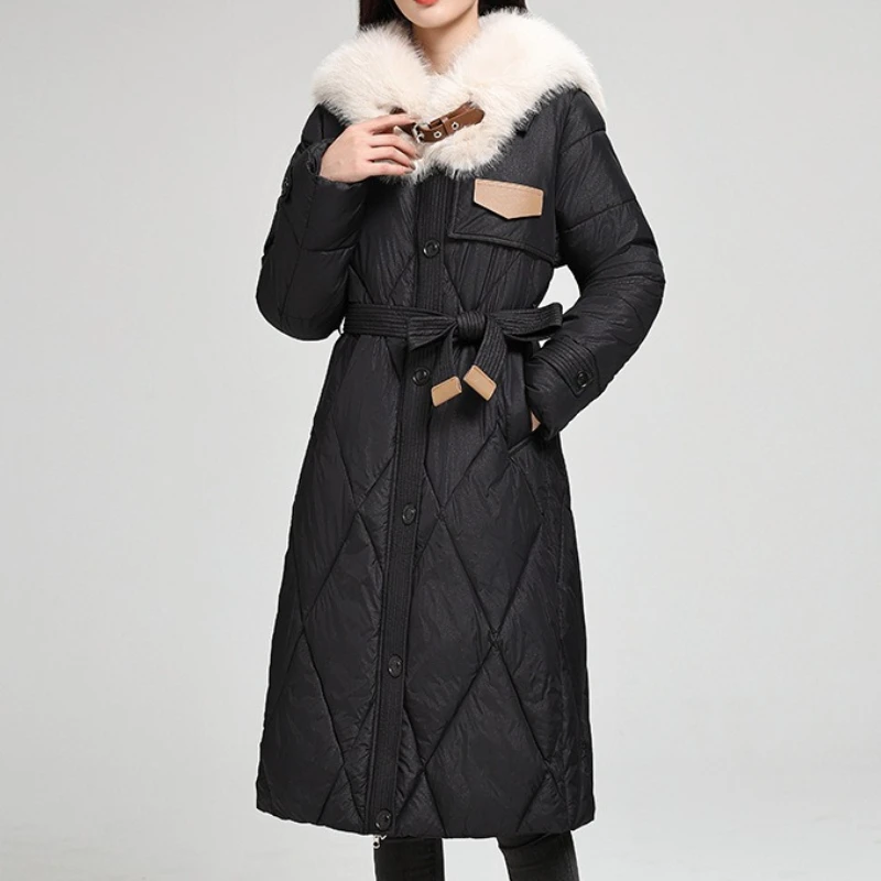 Diamond Quilted Belted Padded Coat Faux Fur Collar Winter Thick Long Over Knee Vintage Outerwear Elegant Women's Fashion Coats