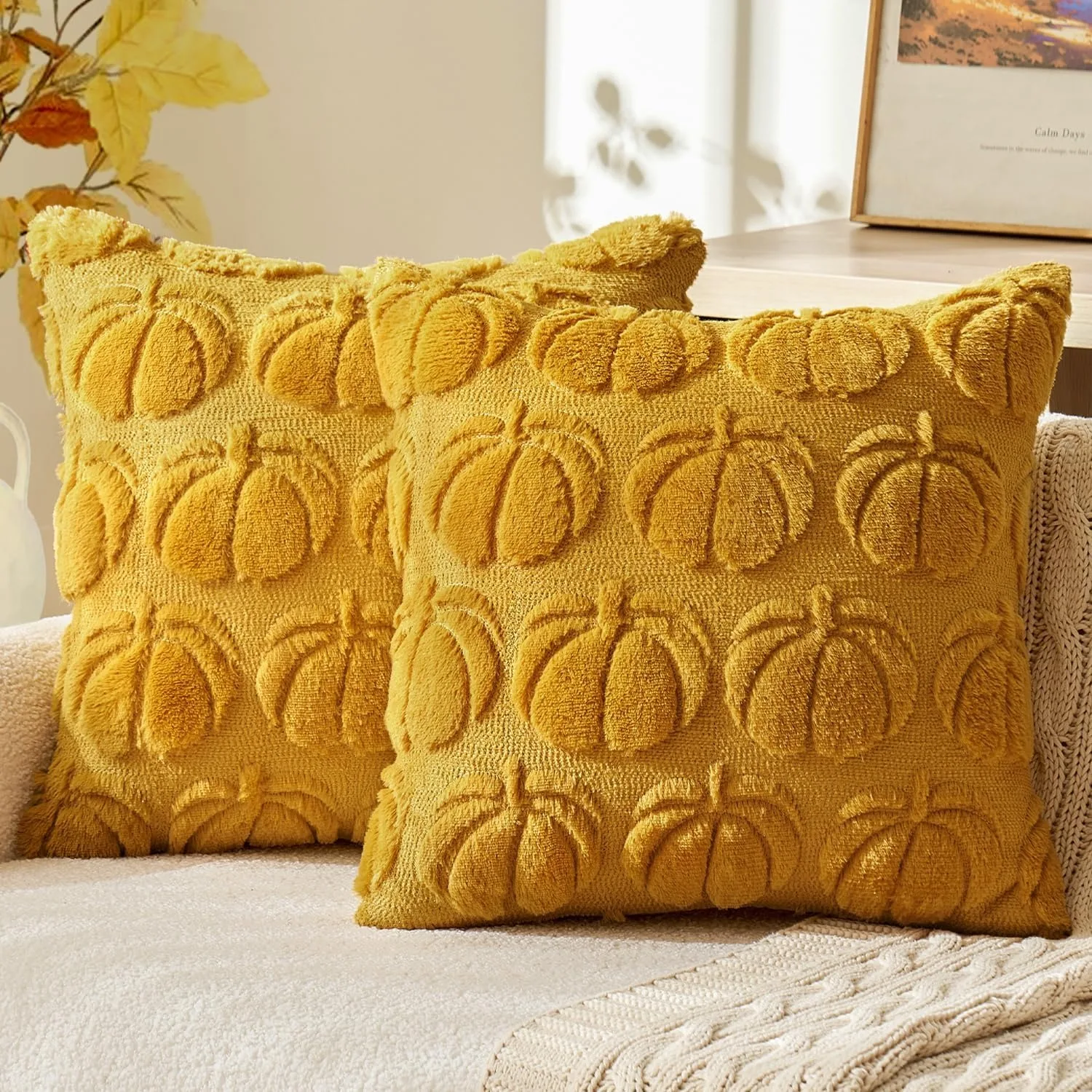 Fall Pumpkin Pillow Covers 45x45CM Fall Decorations Autumn Yellow Throw Pillow Cases Soft Plush Faux Fur Wool Couch Cushion Case