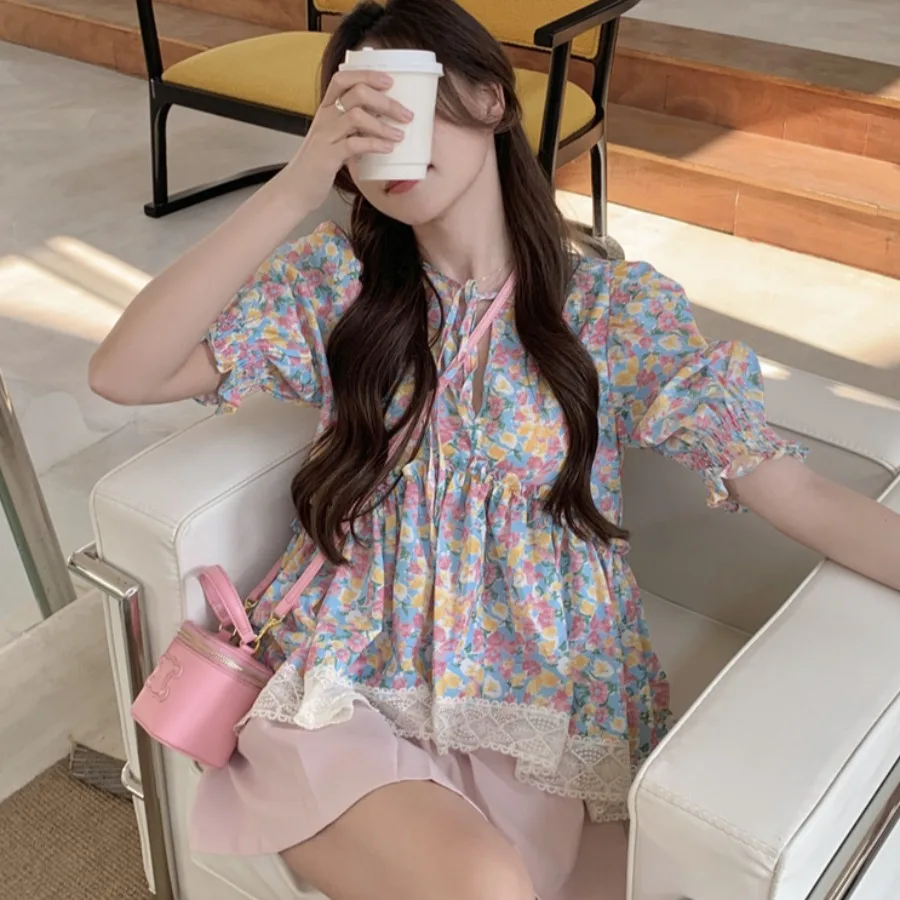 Dulce estampado Floral Bubble Sve irt mujer suelta Fit Princ Sle ort Sve redondo Ne Top coreano principios de primavera Faion