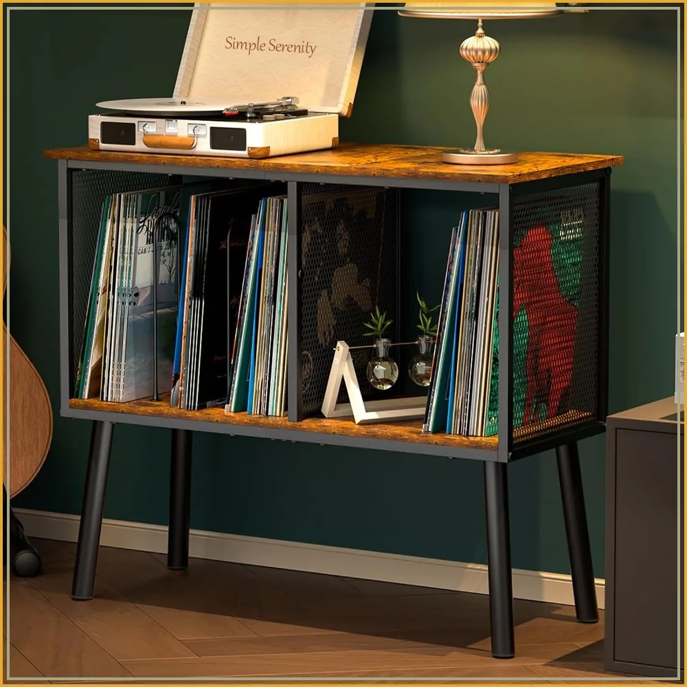 

Mid-Century Record Player Stand, Holds 200 Albums, Adjustable Divider, Vinyl Storage Holder, Turntable End Table for Living Room
