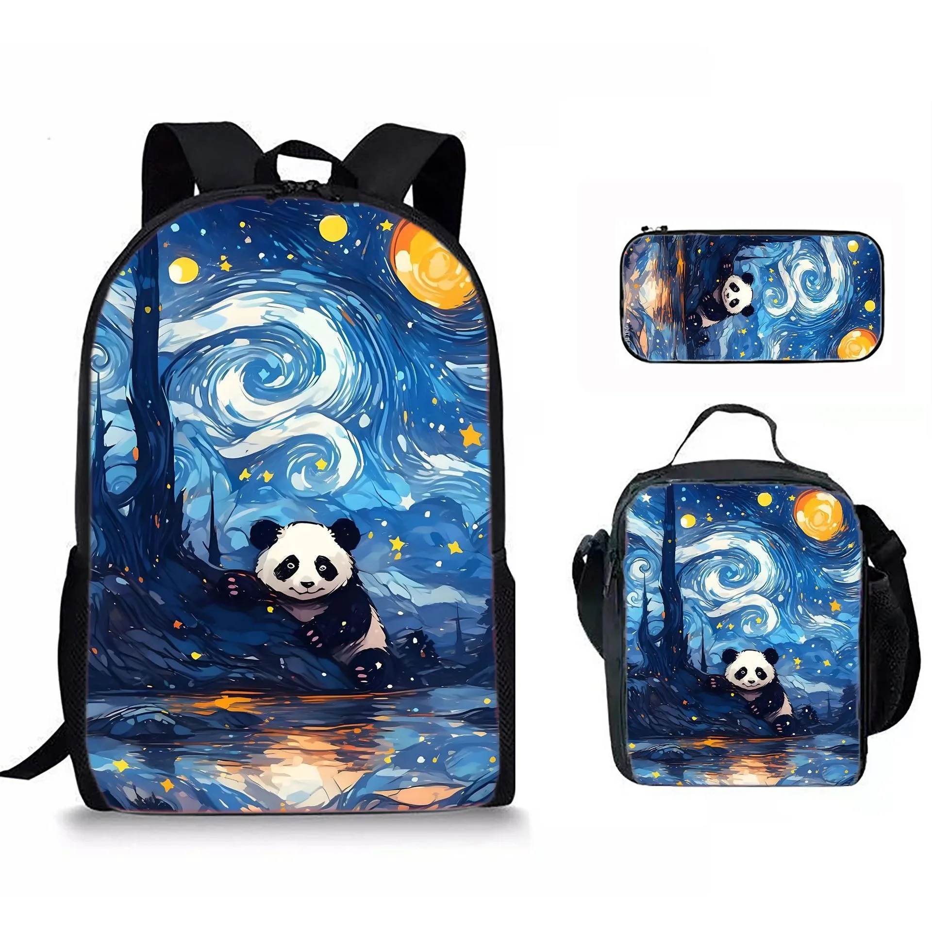 星空油絵動物-3d-プリント-3-ピース-セット生徒スクールバッグラップトップデイパックバックパッククロスボディランチバッグ鉛筆ケース