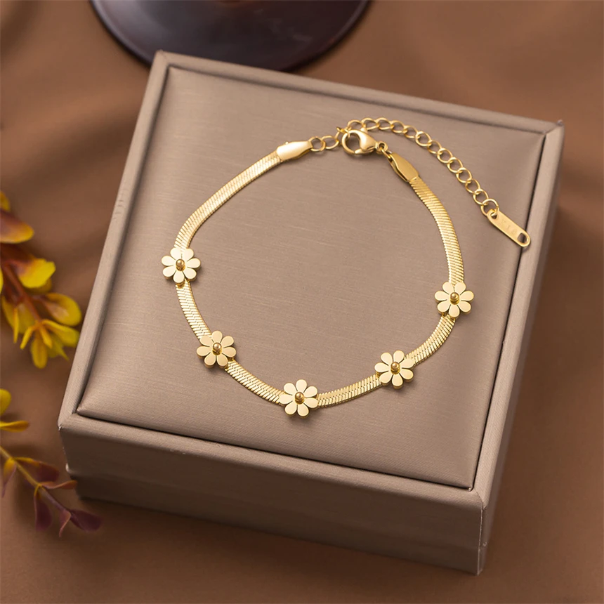 316L Stainless Steel Simplicity Small Daisy Pendant Snake Bone Chain Necklaces Bracelets Earrings Fashion High Jewelry Gift
