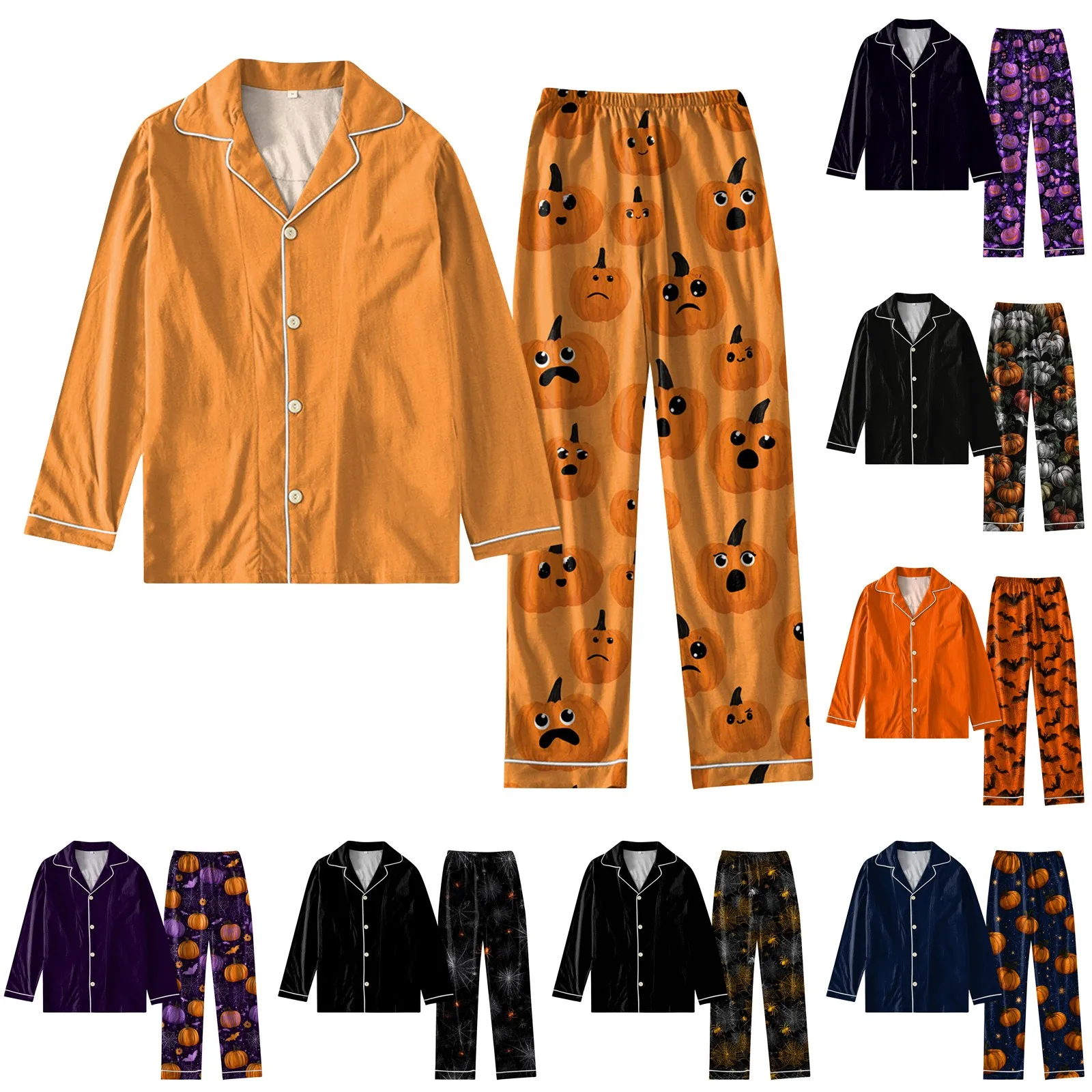 

Halloween Ladies Pajamas Set Spring Autumn Comfort Casual Long Sleeve Solid Color Top Wide Leg Print Pants Suit Holiday Gift