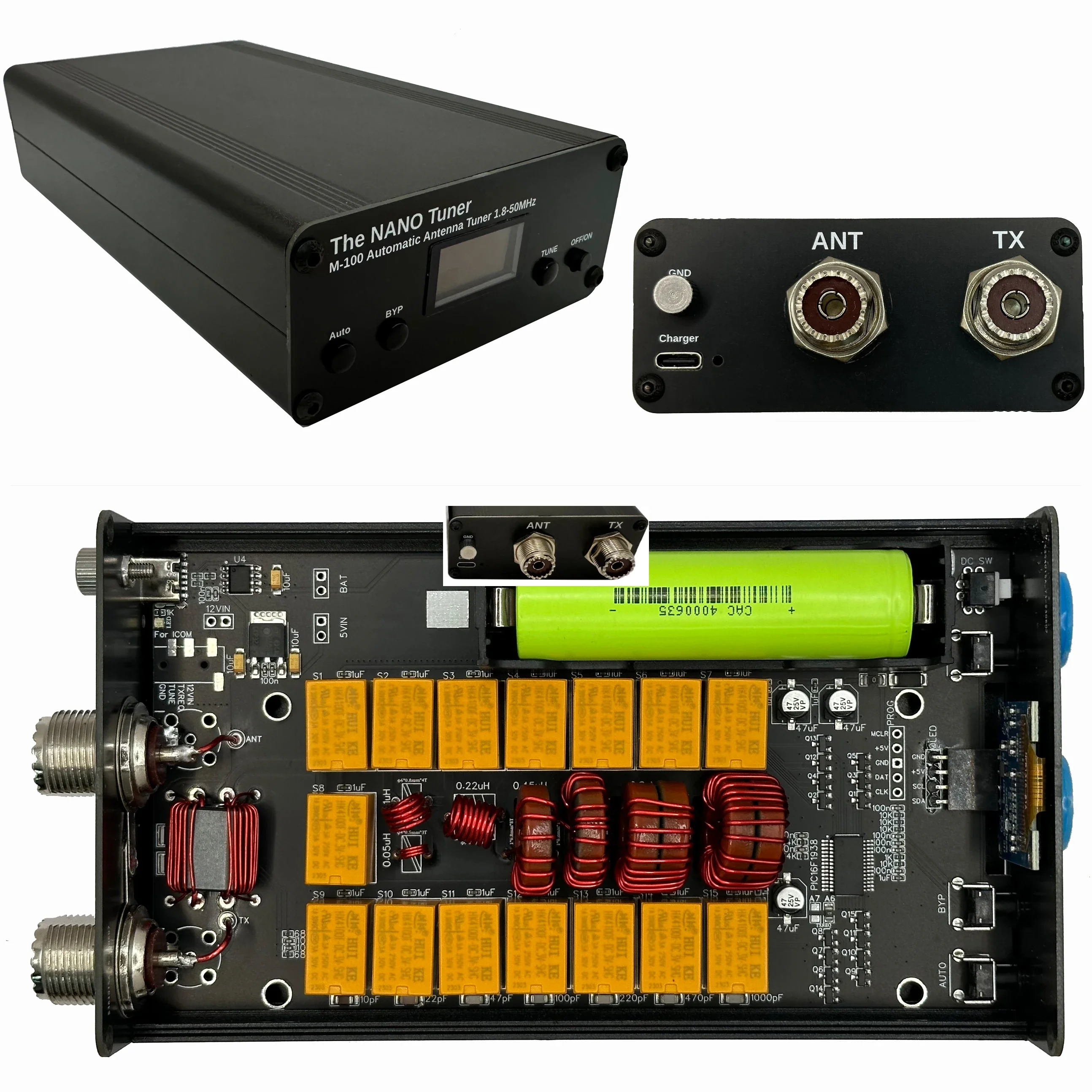 Antenna Tuner M-100 Tiny 100W Automatic Antenna Tuner OLED display 1.8-55MHz 7*7 ATU