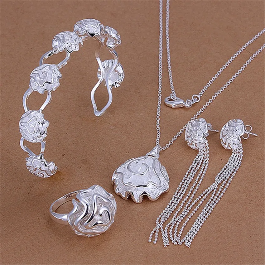 

Fashion 925 Sterling Silver rings Bracelets necklaces earrings stud Jewelry set for women rose flower pendant bangle Party gifts