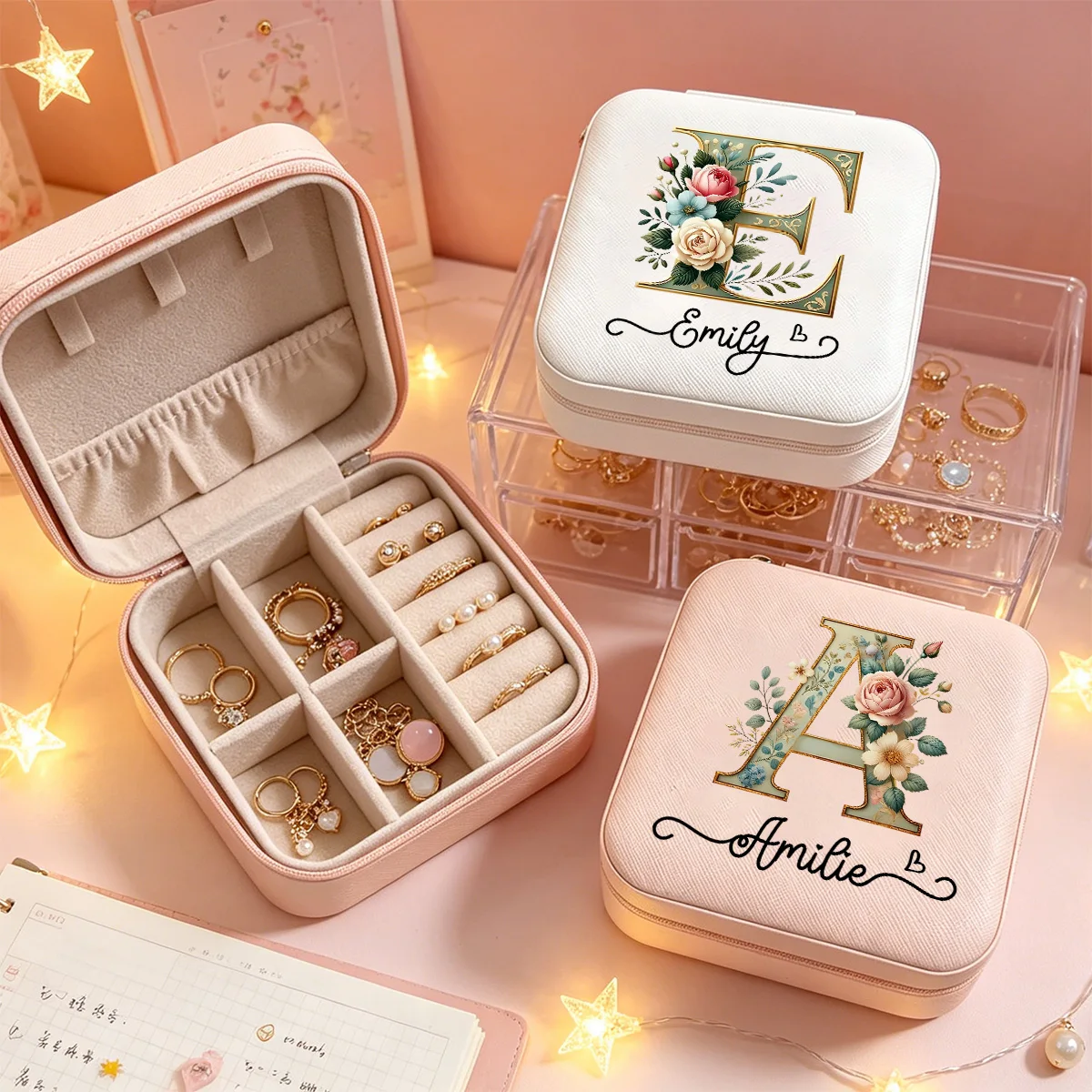 Custom Name Floral Initial Mini Jewelry Box, Personalized Travel Organizer, Bridesmaid Birthday Gift for Women Girls
