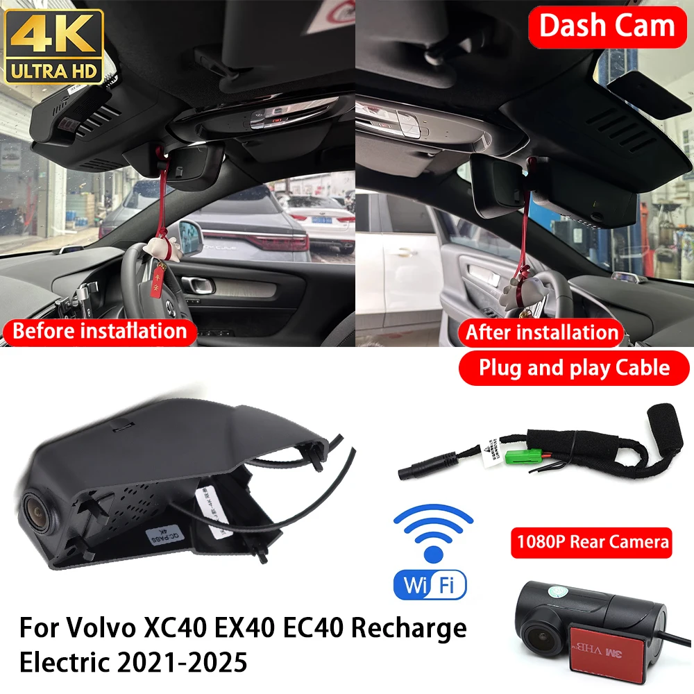 Cámara para Auto Volvo XC40 EX40 EC40 Recharge Electric 2021-2025, 4K 2160P, Cámara Delantera y Trasera, DVR, Wifi, Plug & Play, Grabadora de Video