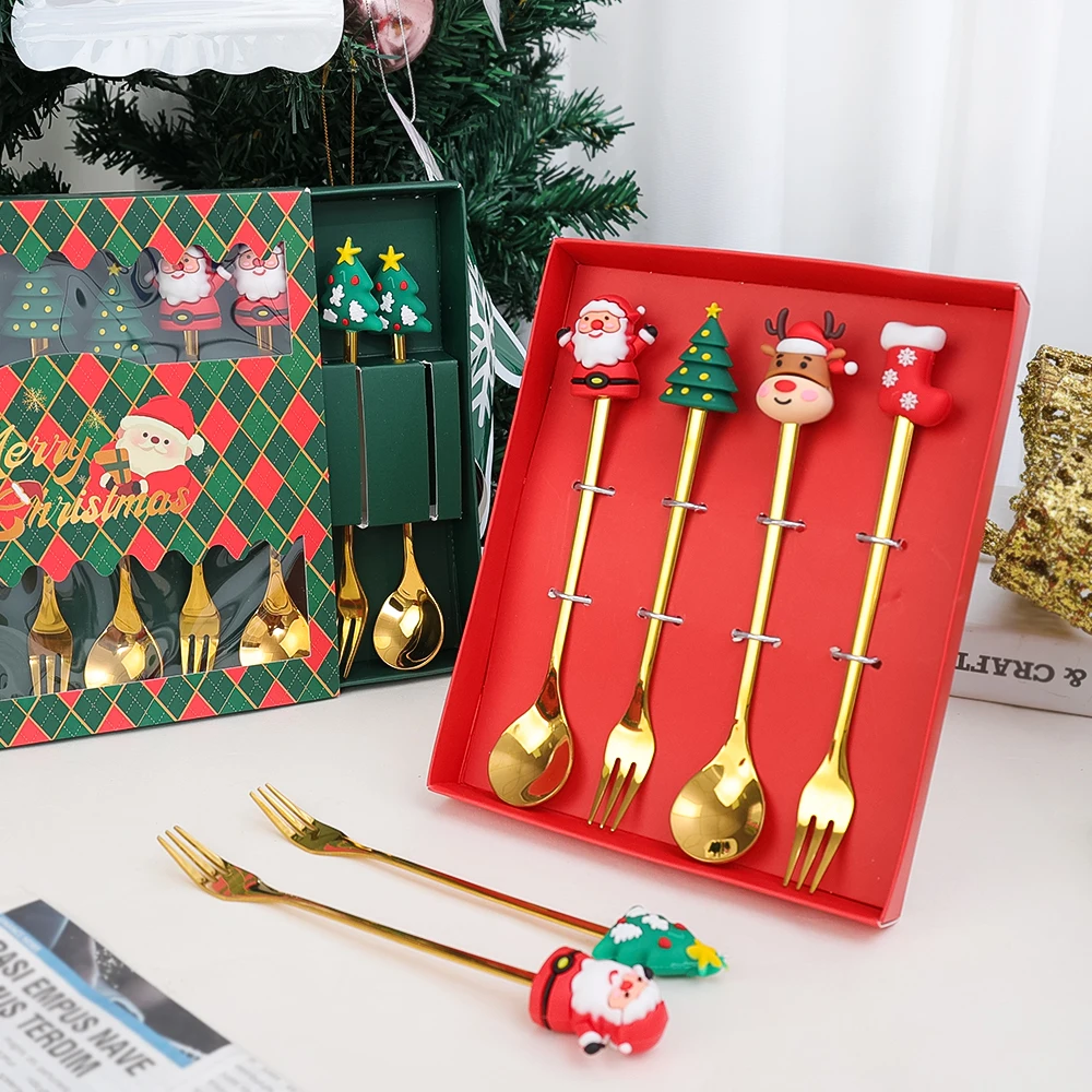 6/2Pcs Christmas Spoon Fork Set Christmas Gifts Santa Xmas Elk Fruit Fork Coffee Spoon Cutlery Set Xmas New Year Tableware Decor