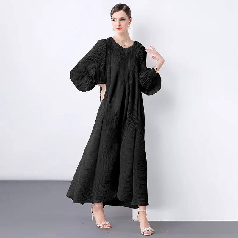 Beach Vaion Long Sve Handbestickter Blumenknospen Dr. Sommer Thi Polyesterstoff Lose Taille Gored Rock Dr