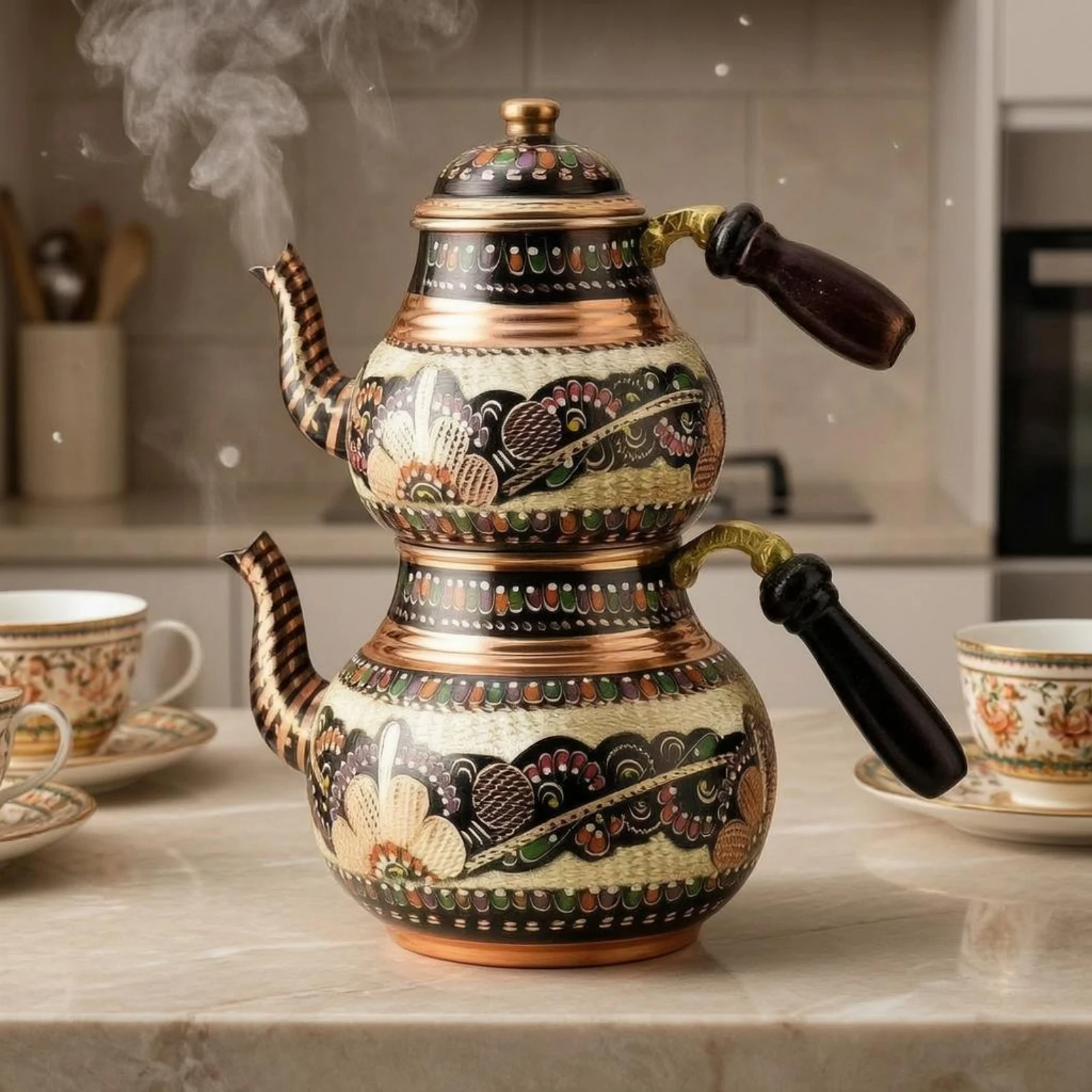 

2 Pieces Nested Lidded Teapots Floral Engraving Violet-Hued Copper Teapots Teapot Set Glossy Finish Decorative Item Curved Spout