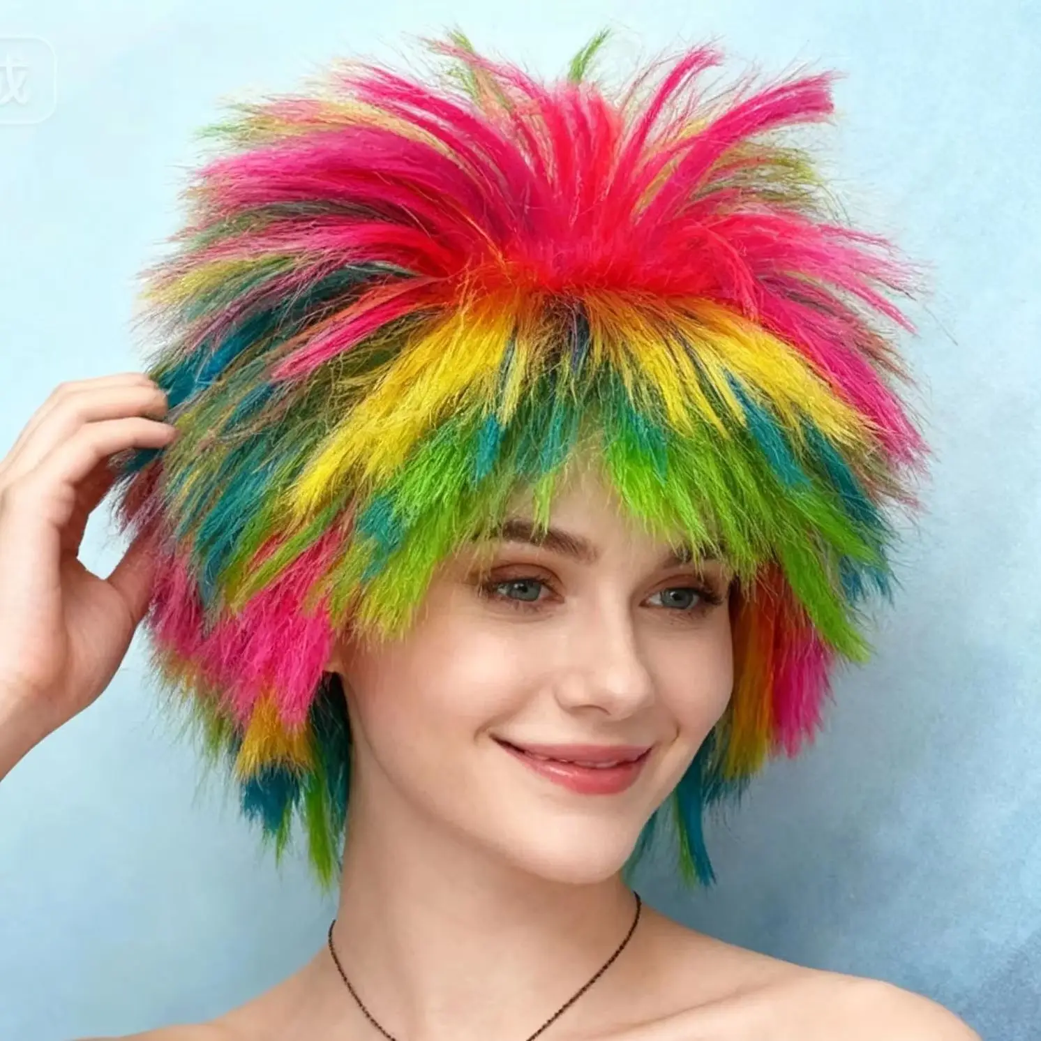 Anxin Brand Synthetic Fiber Wigs: Trendy Colorful Afro Hairstyle, Featuring Red/Pink/Yellow/Green/Blue Contrasting Elements, with Fluffy and Lightweight Hair Strands, Suitable for Cosplay Enthusiasts, Party Goers, and Stage Performers, Easily Creating Eye-Catching Looks, Instantly Creating an Atmosphere for Themed Events and Holiday Costumes.