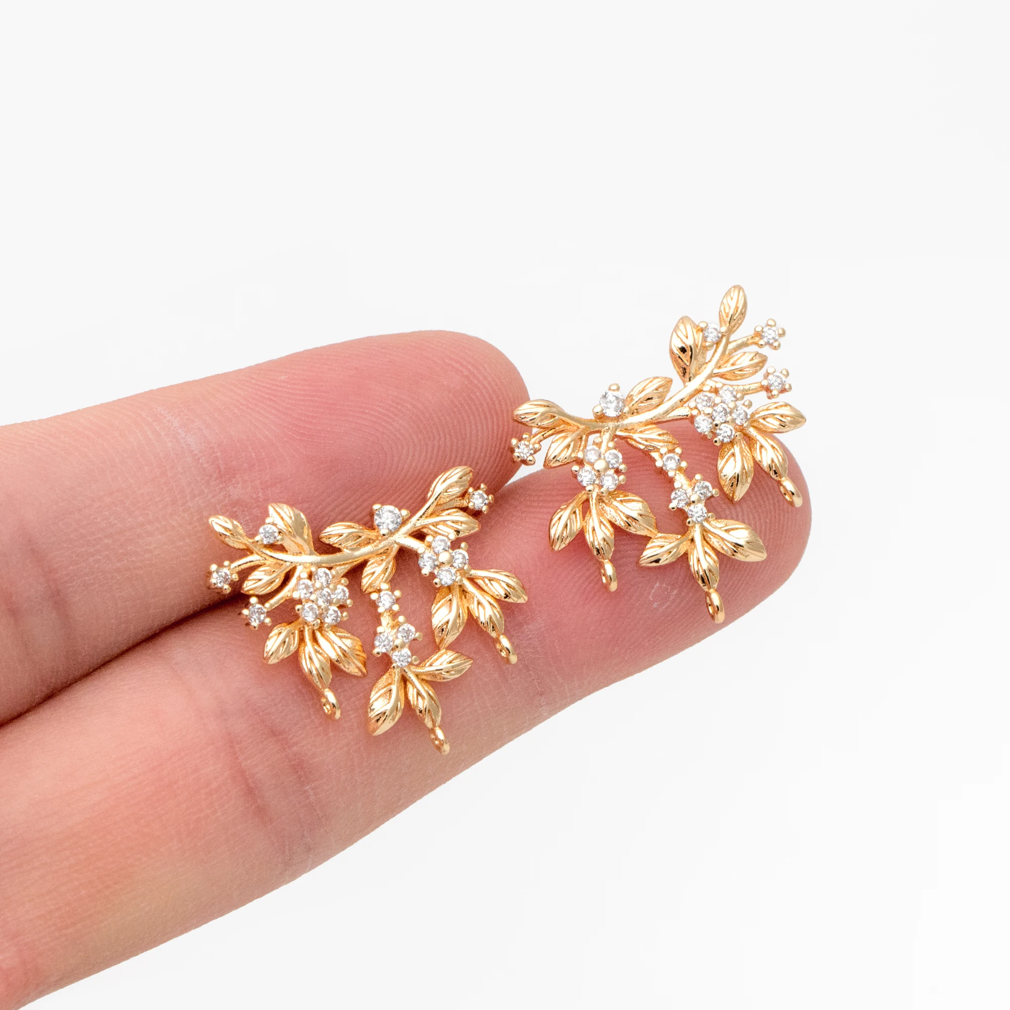 

4pcs CZ Pave Flower Branch Stud Earring with 3 Loops, Dainty Earrings, Dangle Earring Components (GB-3664)