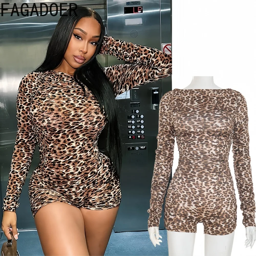 

FAGADOER Sexy Leopard Printting Bodycon Rompers Women Long Sleeve O-Neck Skinny One Piece Jumpsuits Female Streetwear Overalls