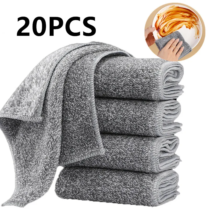 1/20pcs Gray Bamboo Charcoal Thickened Super Absorbent Dishcloth Oil Resistant Kitchen Wipes Microfiber Cleaning Cloths