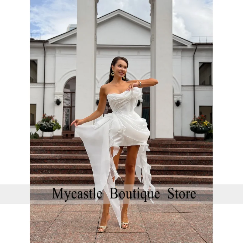 Off Shoulder Short Wedding Dresses 2026 Straight Elegant Ruched Bride Dress Civil Wedding Flowing Train Party Gowns Customized