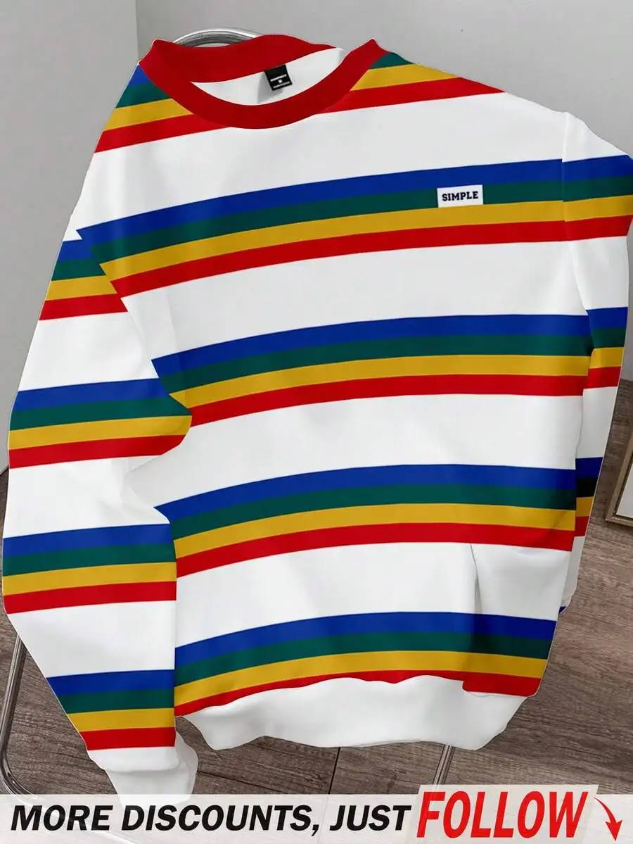 Sudadera Casual de Manga Larga para Hombre con Patrón de Rayas Arcoíris Intensas