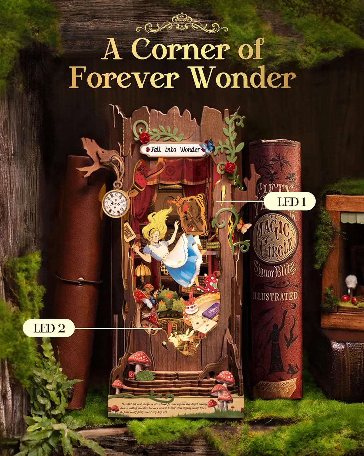 Robotime Rolife Book Nook Kits Fall into Wonder DIY Boekenhoek met verlichting Miniatuur Huis Kit 3D Houten Puzzel Boekenplank Cadeau TGB