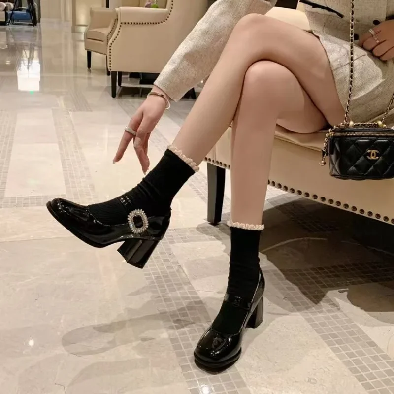 Trendy and Fashionable 2024 Spring New Hundred Pairs Skirt Shallow Mouth Round Head Thick Heel High Heel Women's Shoes