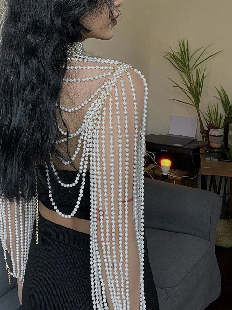 Women Pearl Tank Top Body Chain Jewelry Sexy Multilayer Pearl Tassel Long Sleeve Bra Chains Camisole Necklaces Collar Partywear