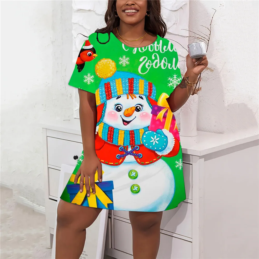 Lose Winter Weihnachten Schneemann Print Kleid Frauen lässig Party A-Linie Kleider Herbst Kurzarm Mode plus Größe Kleidung