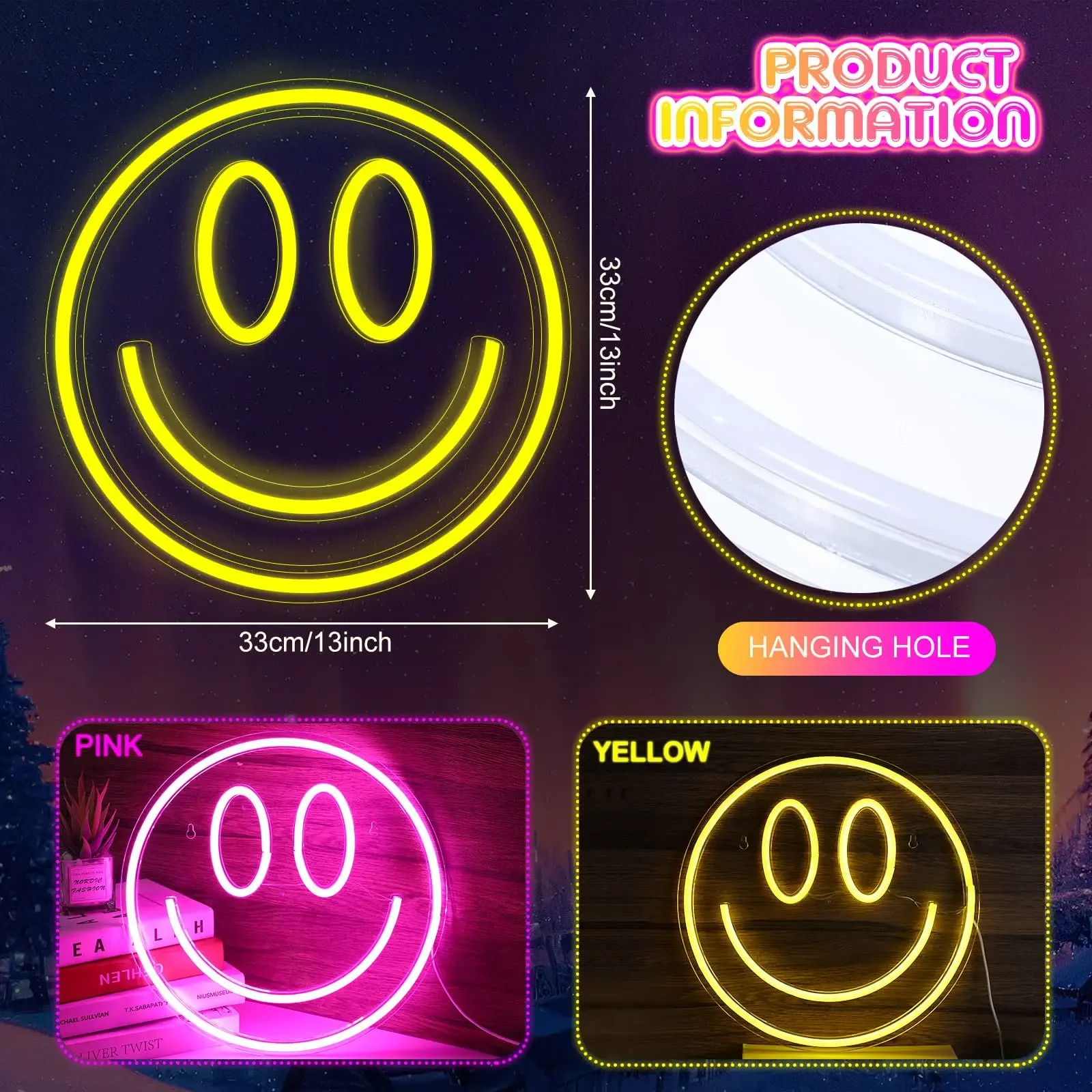 Smile Face Neon Sign LED Neon Light Wall Decor Smiley Face Light Up Signs USB Powered Yellow Neon Signs for Bedroom Pink  By