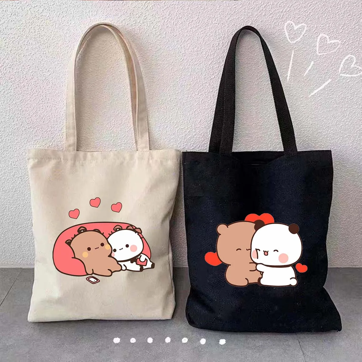 Cute Kawaii Panda Bear Shopper Canvas Tote Bag Brownie Bear Bubu Dudu Lovely Couple Anime Harajuku Foldable Shopping Bag Handbag