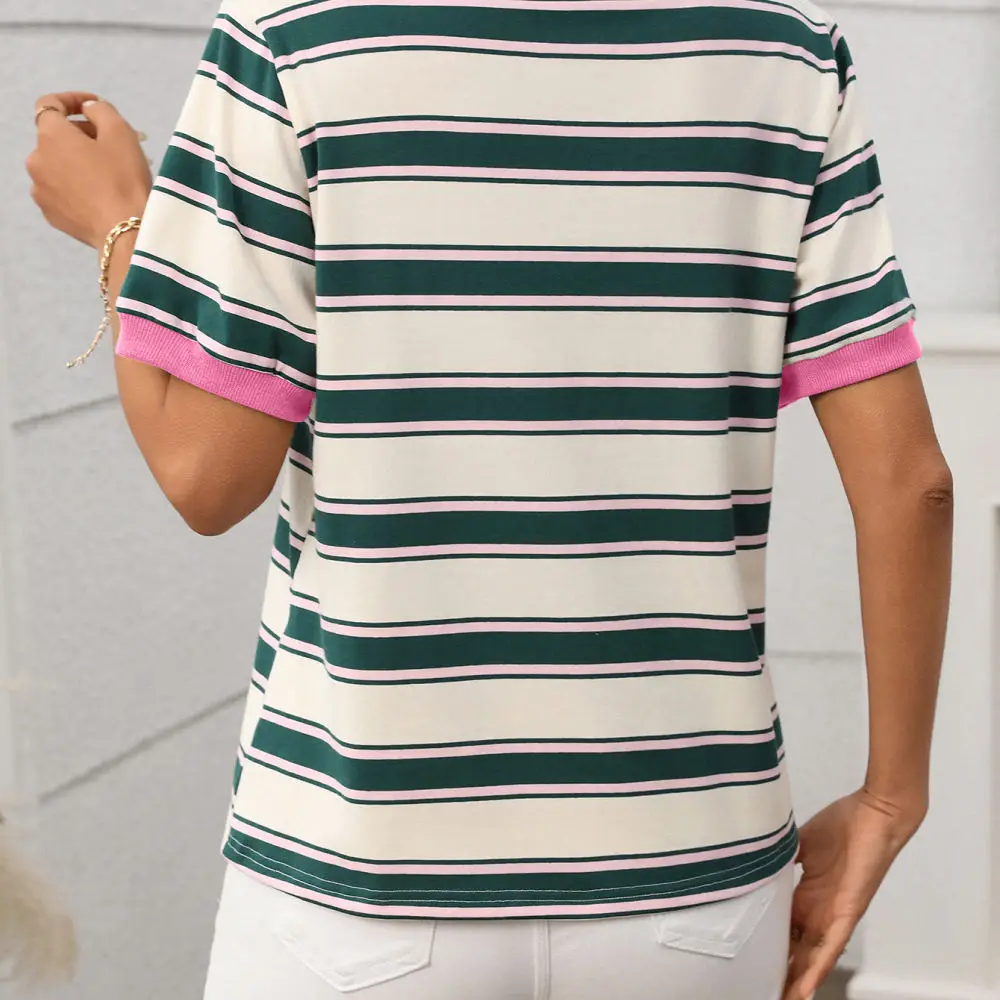 Womens Summer Short Sleeve T Shirt Loose Fit Striped Color Block Crew Neck Pullover Casual Fashion Basic Tops Streetwear