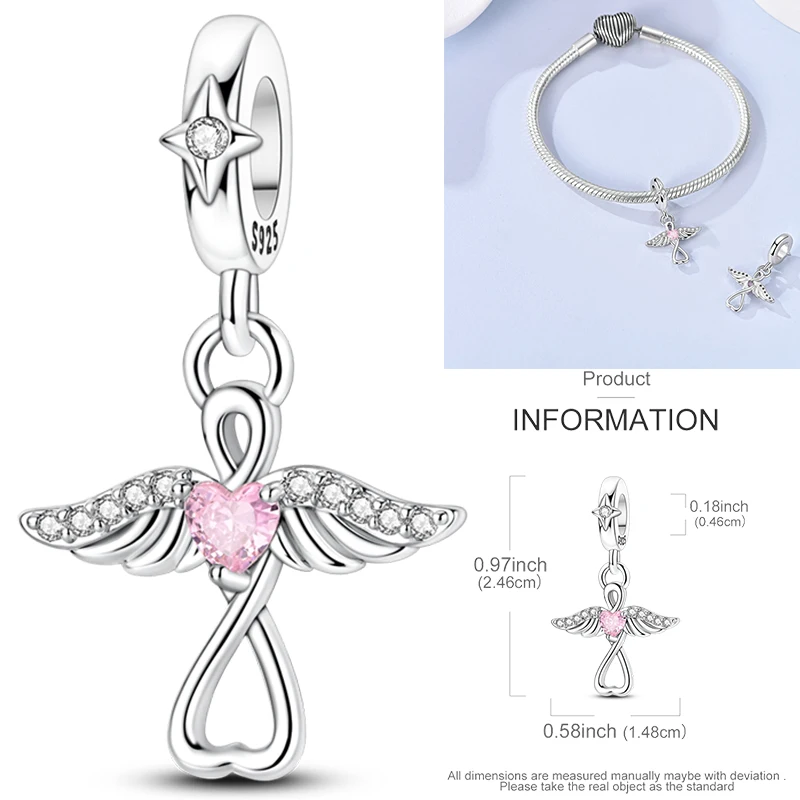 925 Sterling Silber Christlicher Engel-Kreuz-Charm-Perlen Schutzengel-Flügel Herz Glaube DIY Armband Halskette Geschenk für Frauen – Detail 14