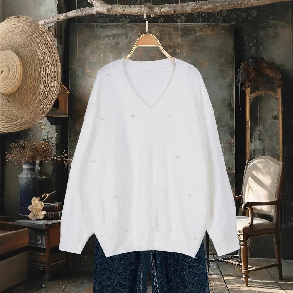 Maglione pullover V-Ne da donna Maglieria con perline di colore puro Vestibilità ampia Mid-Thi Nylon Autunno Inverno Nuova tendenza Sle Faion