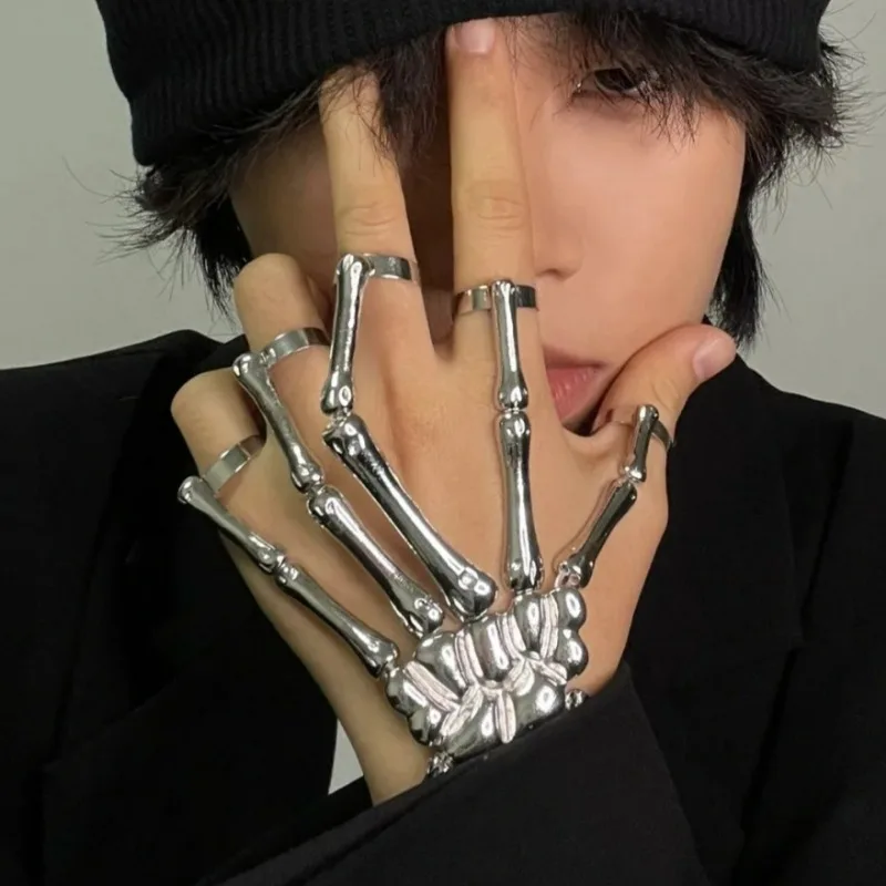 男性と女性のためのパンクハロウィンフィンガーリング,5本指の骨格,手の骨,金属,調節可能なブレスレット,お祭りのジュエリーギフト