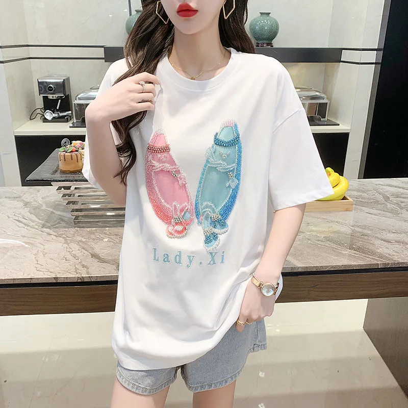 IHOBBY European Heavy Work Diomand Print T shirt 2022 Summer New Loose Short Sleeve Casual Long Style Tee Fashion Clothing Top