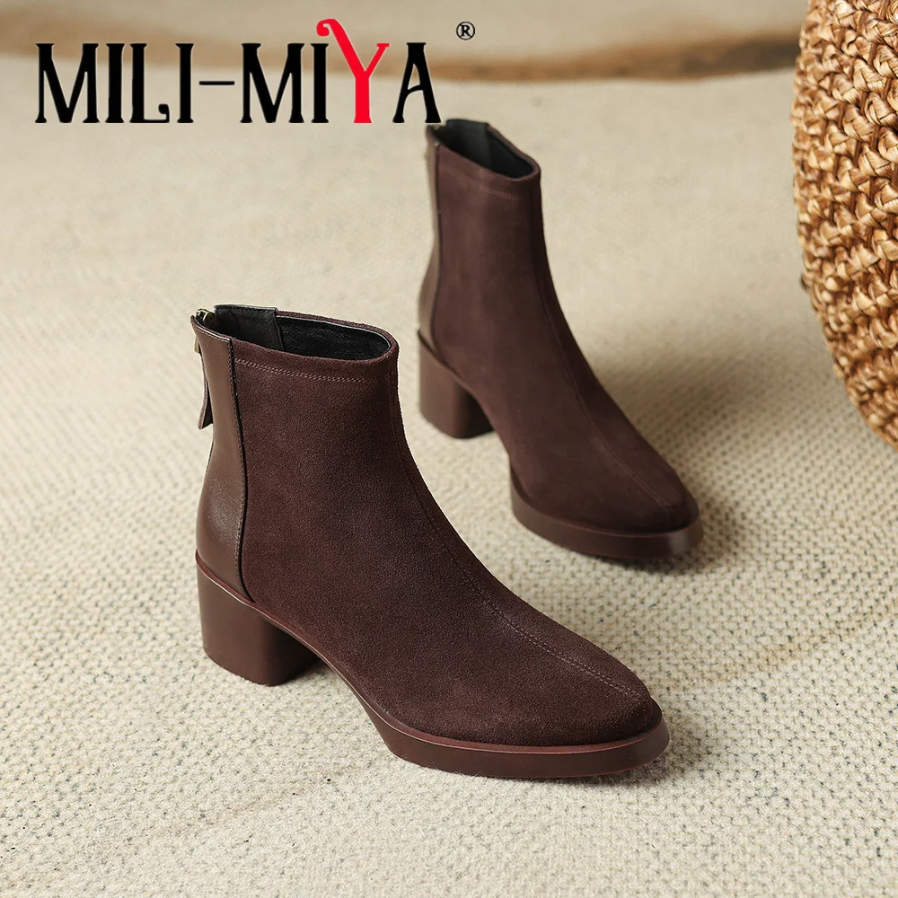 MILI-MIYA  Women's Minimalist Solid-Colour Cowhide Ankle Boots With Chunky Heel And Round Toe In Extra Large Sizes 34-43 Handmad