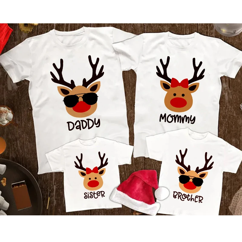 

Deer Christmas Party Family Matching Clothes Mother Father Daughter Son Kid Baby T Shirt Cousin Aunt Tshirt Short Sleeve Top Tee