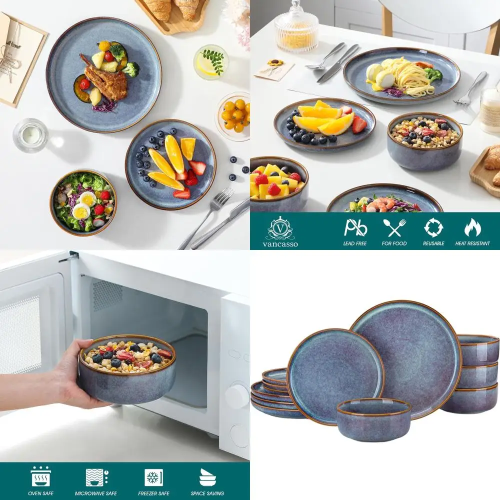 

12-Piece Grey-Blue Reactive Glaze Dinnerware Set - Dishwasher and Microwave Safe