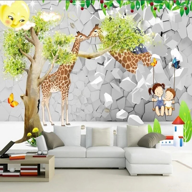Nordic simple individual grand 3D fresh and beautiful children's room cartoon mural TV luxurious home decoration background wall