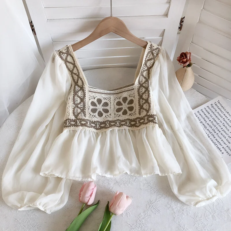 OUMEA Women Crochet Chiffon Blouse Spring Autumn Floral Embroidery Long Sleeve Casual Peplum Tops Retro Sequare Neck Chic Tops