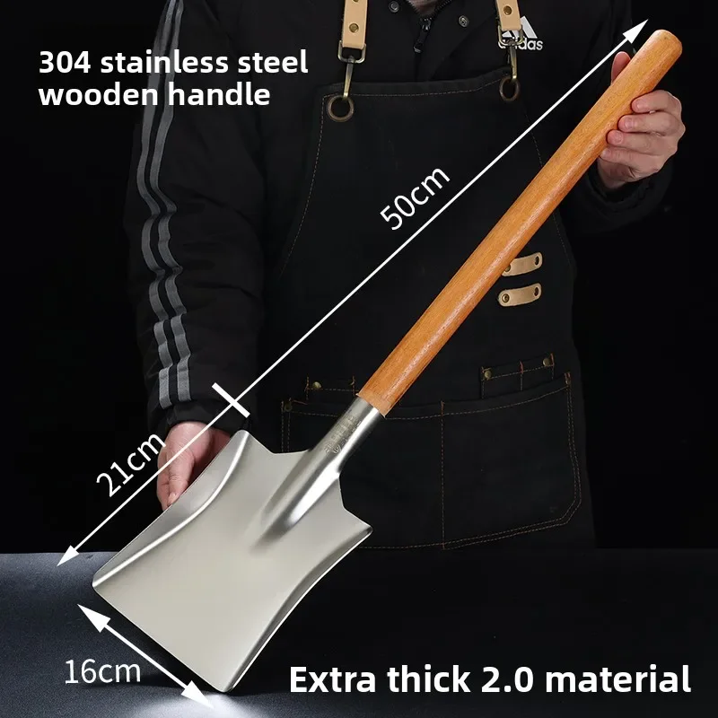 304 stainless steel wooden handle shovel extra large kitchen cooking shovel hotel food hall large spatula square shovel head