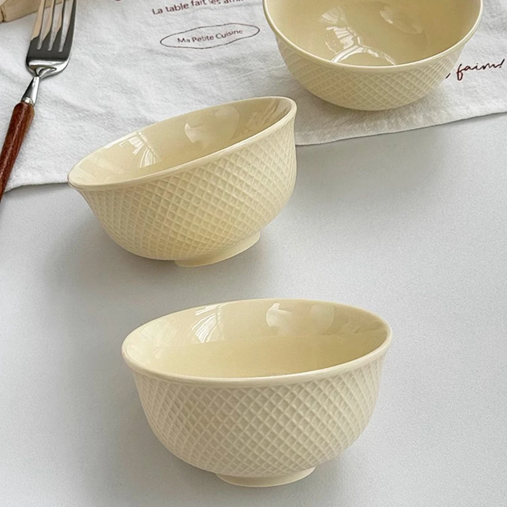 Household Ceramic Bowl European Style Creative Round Grids Relief Solid Color Porcelain Dinnerware Lunch Soup Rice Salad Bowls