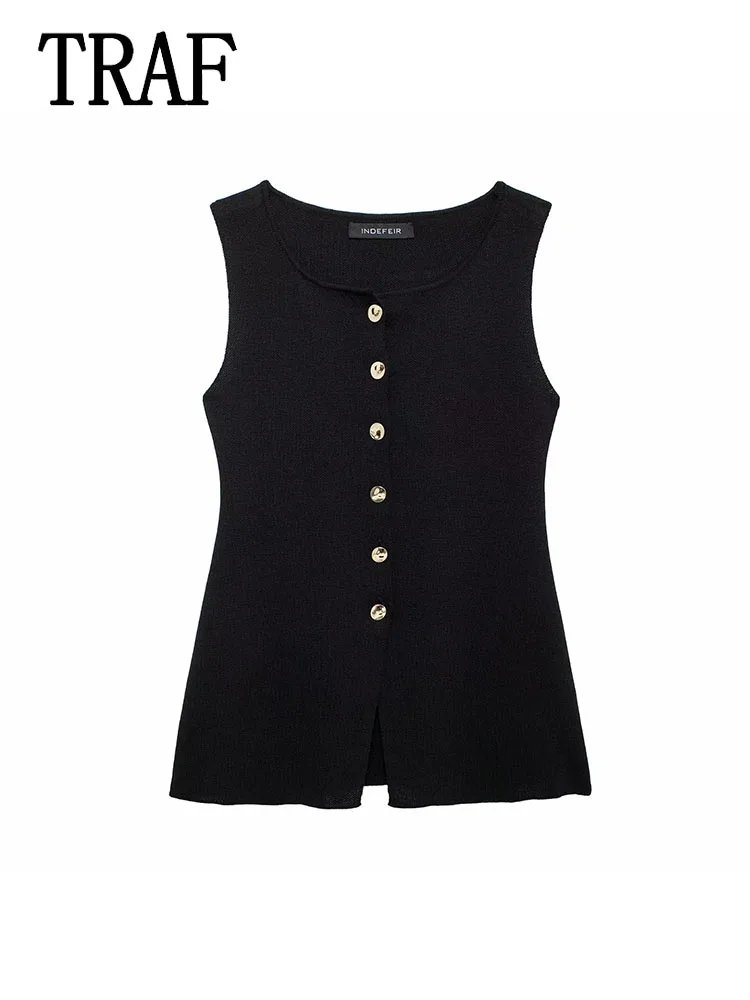 TRAF Women Single Breasted Sweater Tops New Summer Elegant Vest Solid O-Neck Sleeveless Golden Buttons Female Knitted Tops