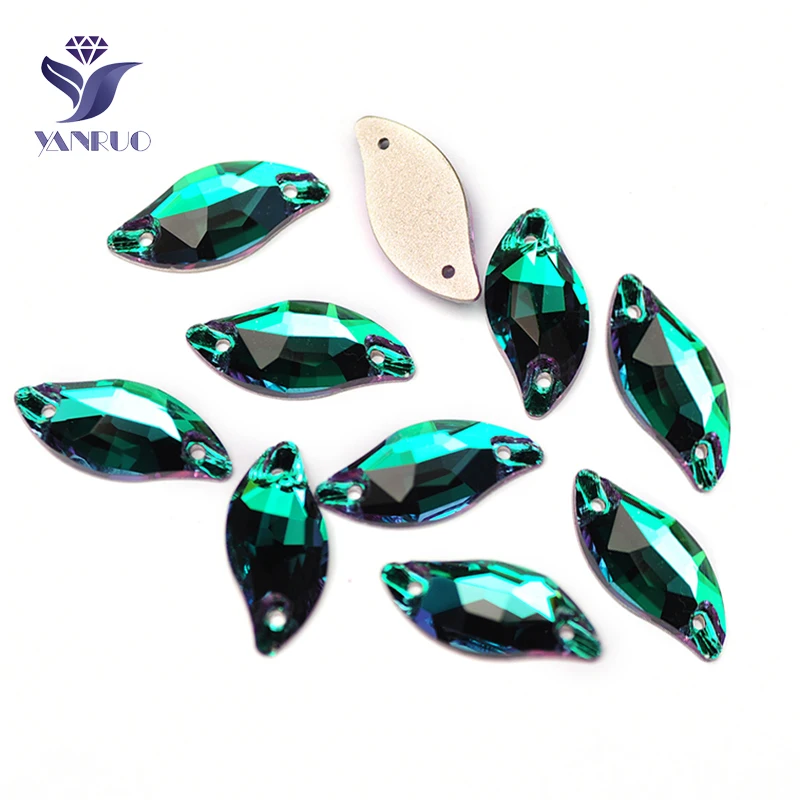 YANRUO 3254 All Sizes Emerald High Quality Sew On Crystal Appliques Rhinestone Diamond Leaf Flatback Strass