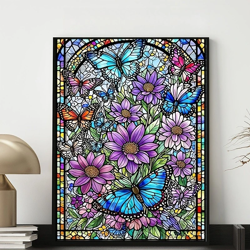 Butterfly in Love with Flowers Stained Glass Style Diamond Painting Mosaic Handmade Art Round/Square Diamonds Gift Home Decor